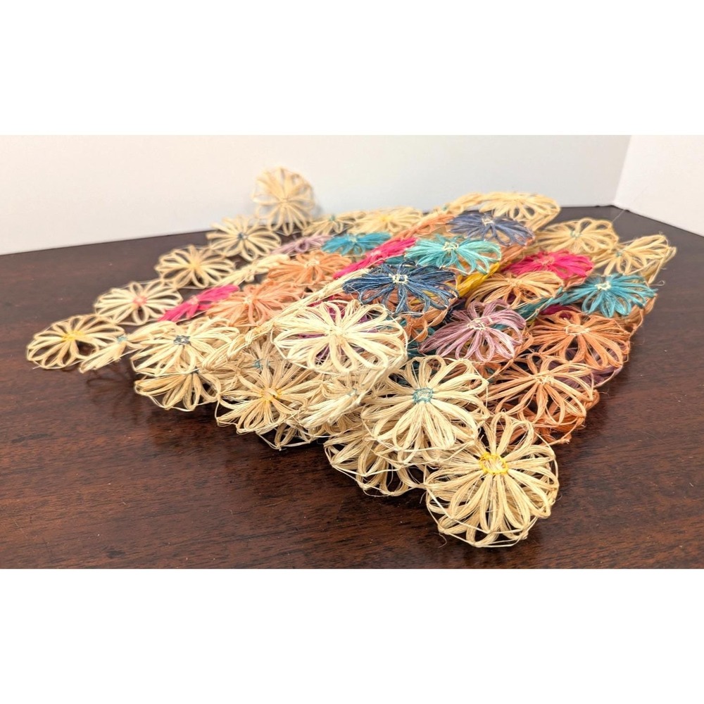 Vintage Handmade Raffia Straw‎ Flower Placemats Colorful Boho Table Decor Set 3
